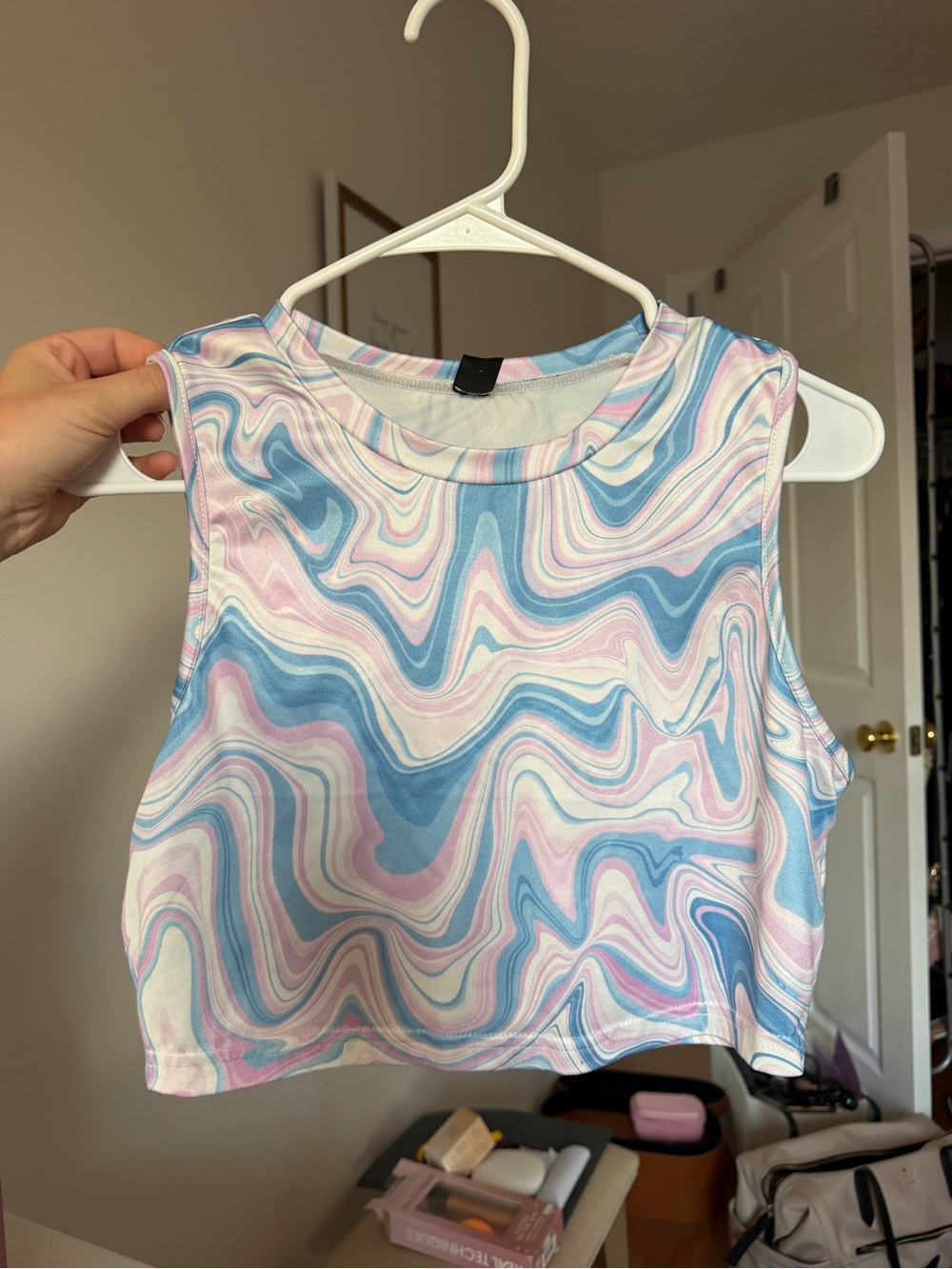 Pastel Swirl Cropped Tank Top - Blue, Pink, White